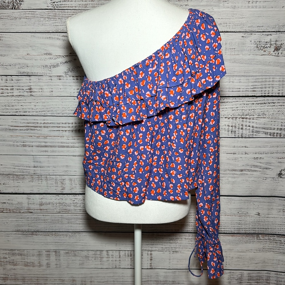 Rue Stiic Anthropologie One-Shoulder Leopard Blouse Purple Medium - Picture 8 of 16